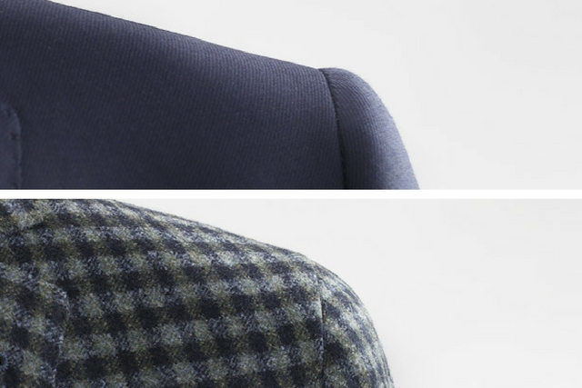 Spalla di una giacca e di un blazer da uomo a confronto: in alto la spalla più rotonda e piena di una giacca; in basso la spalla più morbida di un blazer