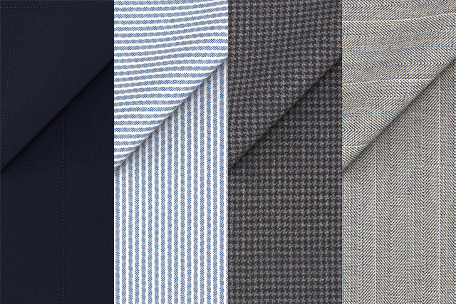 Fabrics Blue Checked, Light Blue Seersucker, Light Grey Houndstooth and Super 180's Stone Herringbone