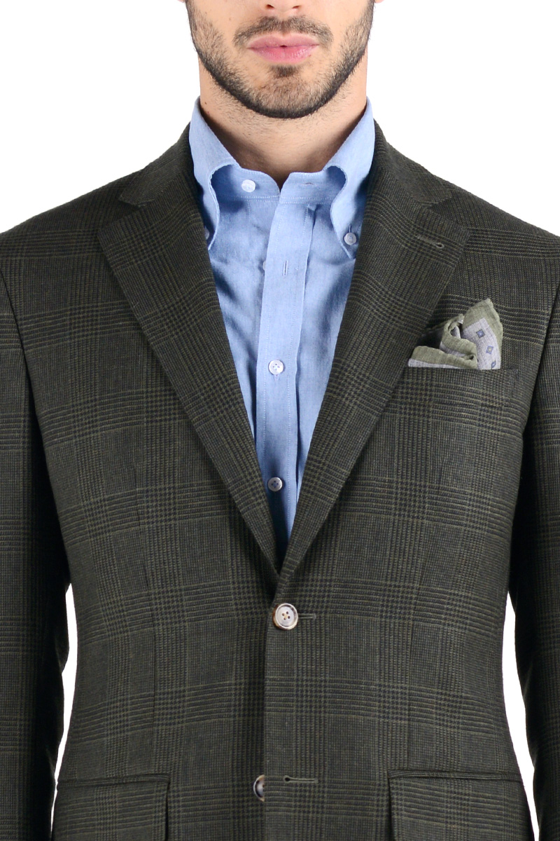 Classic step collar on Prince of Wales two-button jacket Classic notched lapel on Prince of Wales two-button blazer