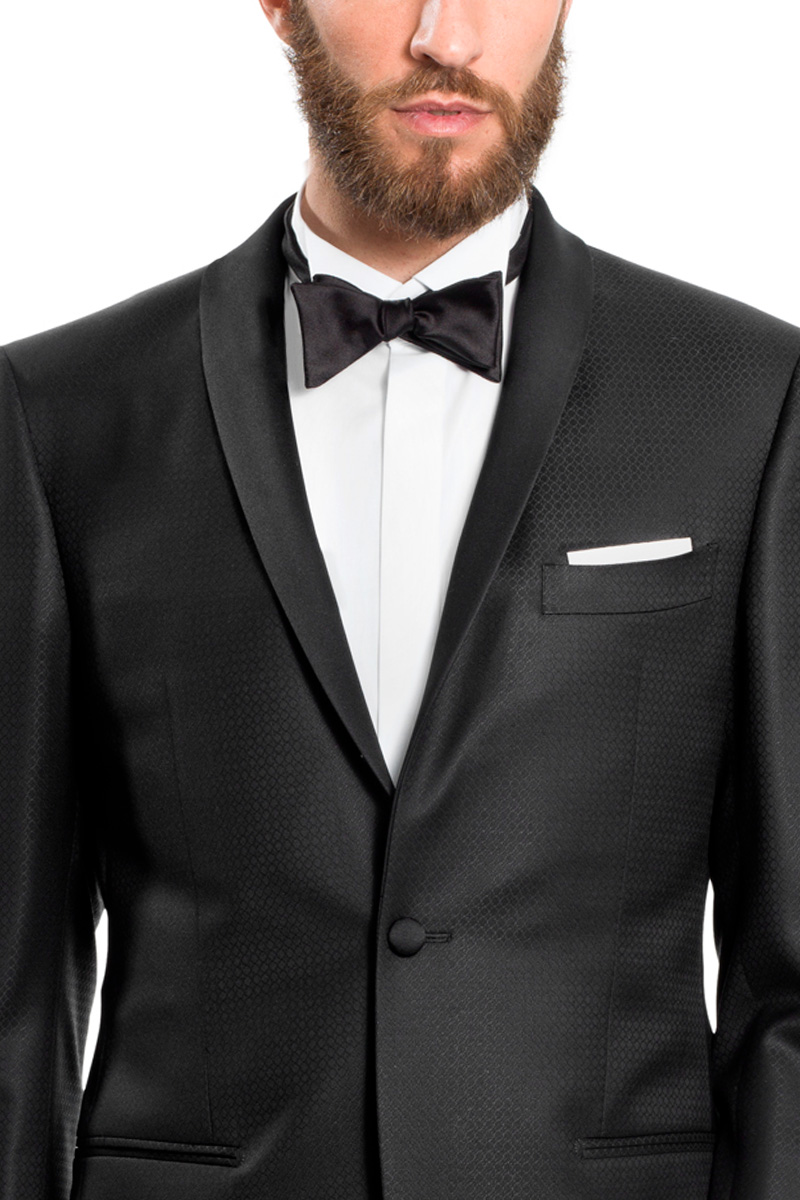 Roll collar on black tuxedo Shawl collar on black tuxedo
